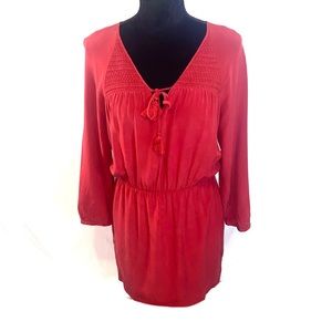 Madewell Red Silk Size 8 Elastic Waist Smocked Shoulder Long Sleeve Mini Dress